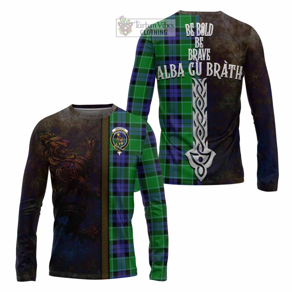 Tartan Vibes Clothing Monteith Tartan Family Crest Long Sleeve T-Shirt Alba Gu Brath Be Brave Lion Ancient Style