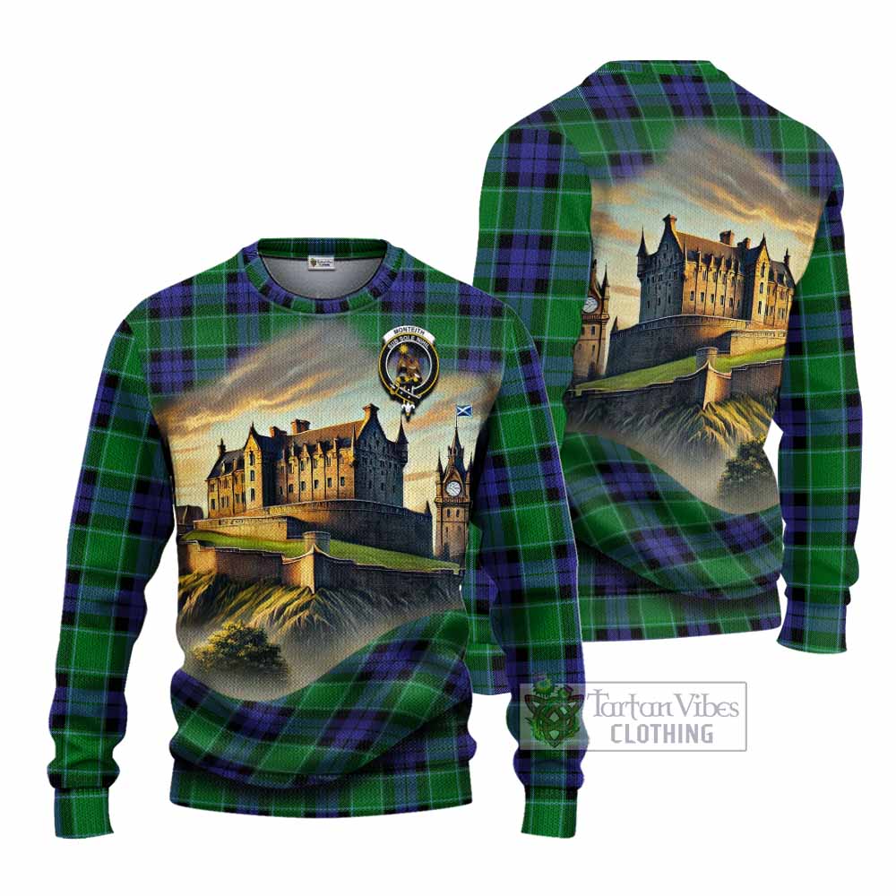 Monteith Tartan Family Crest Knitted Sweater with Scottish Ancient Castle Style - Tartan Vibes Clothing