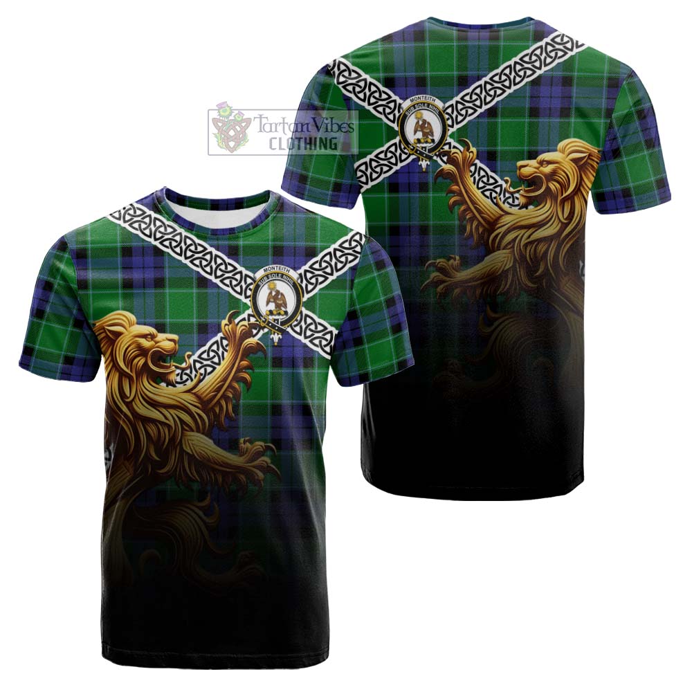 Monteith Crest Tartan Cotton T-shirt with Golden Lion Emblem Celtic Style - Tartan Vibes Clothing