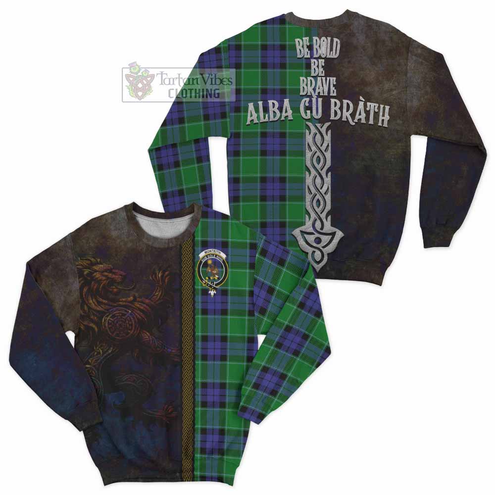 Monteith Tartan Family Crest Sweatshirt Alba Gu Brath Be Brave Lion Ancient Style - Tartan Vibes Clothing