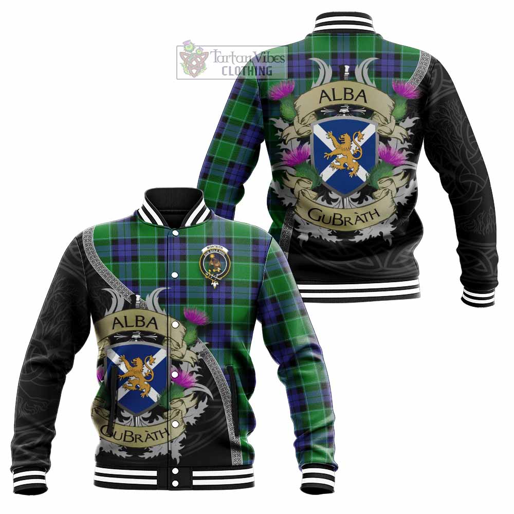 Monteith Tartan Family Crest Baseball Jacket Lion Rampant Royal Thistle Shield Celtic Inspired - Tartan Vibes Clothing