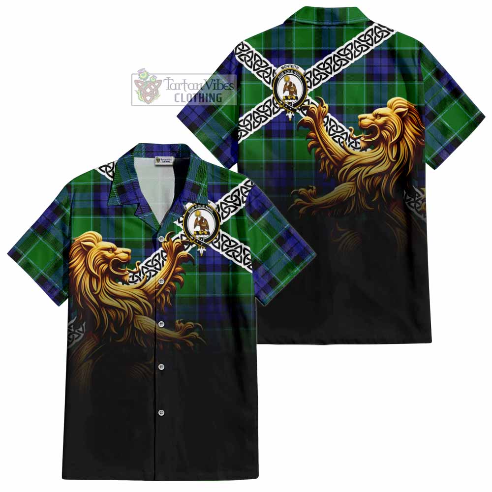 Monteith Crest Tartan Hawaiian Shirt with Golden Lion Emblem Celtic Style - Tartan Vibes Clothing