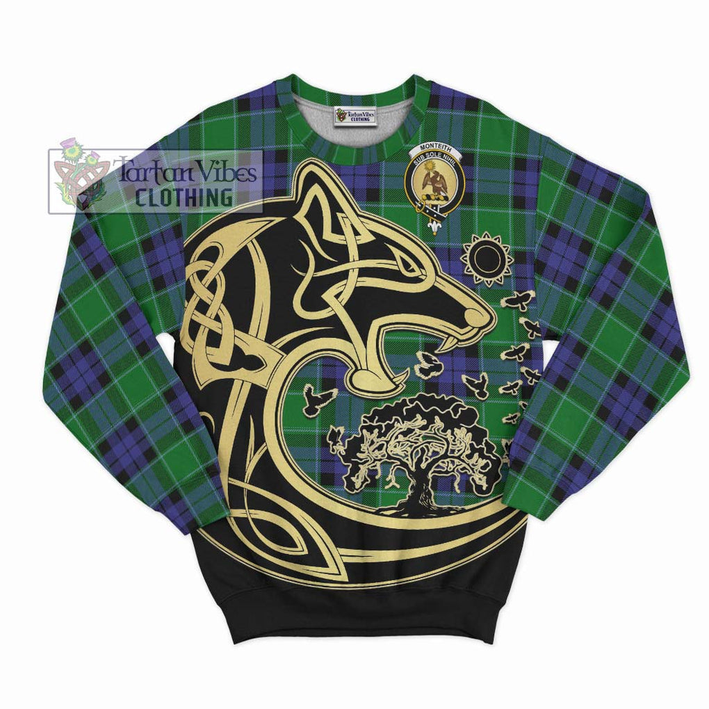 Monteith Tartan Sweatshirt with Family Crest Celtic Wolf Style - Tartan Vibes Clothing