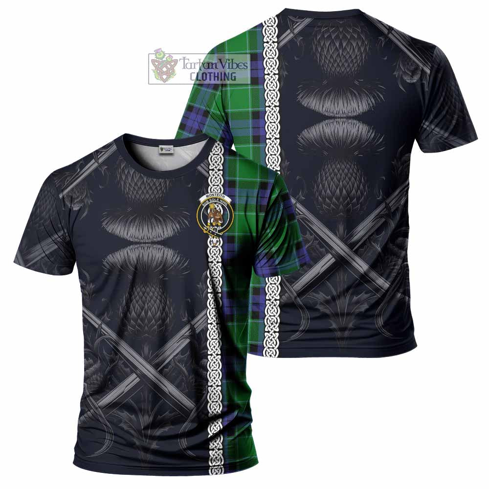 Monteith Tartan T-Shirt with Family Crest Cross Sword Thistle Celtic Vibes - Tartan Vibes Clothing