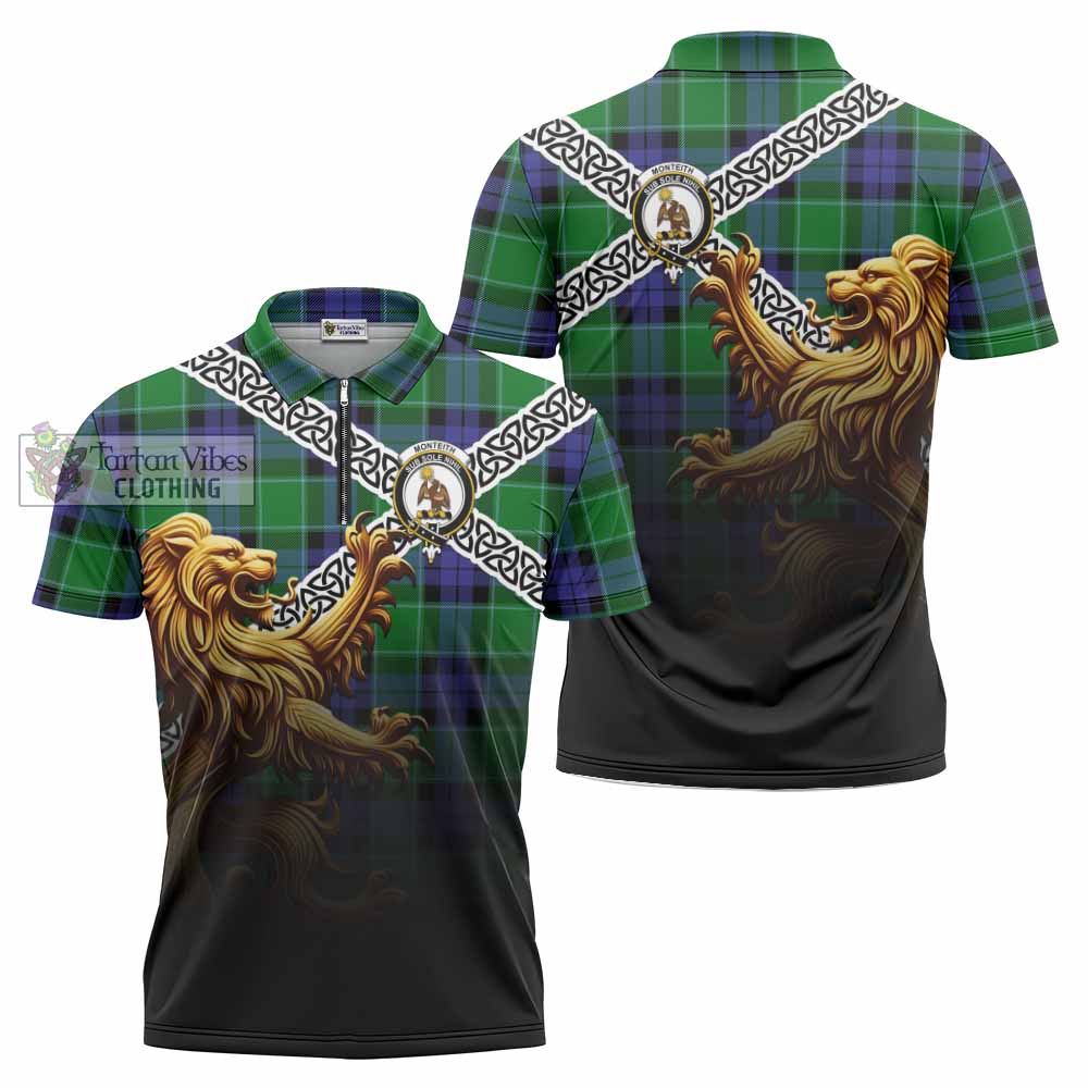 Monteith Crest Tartan Zipper Polo Shirt with Golden Lion Emblem Celtic Style - Tartan Vibes Clothing