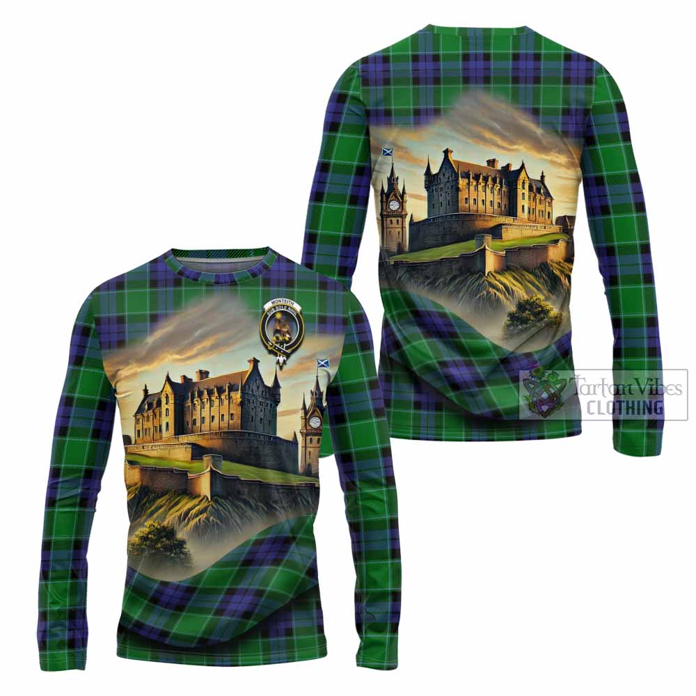 Monteith Tartan Family Crest Long Sleeve T-Shirt with Scottish Ancient Castle Style - Tartan Vibes Clothing