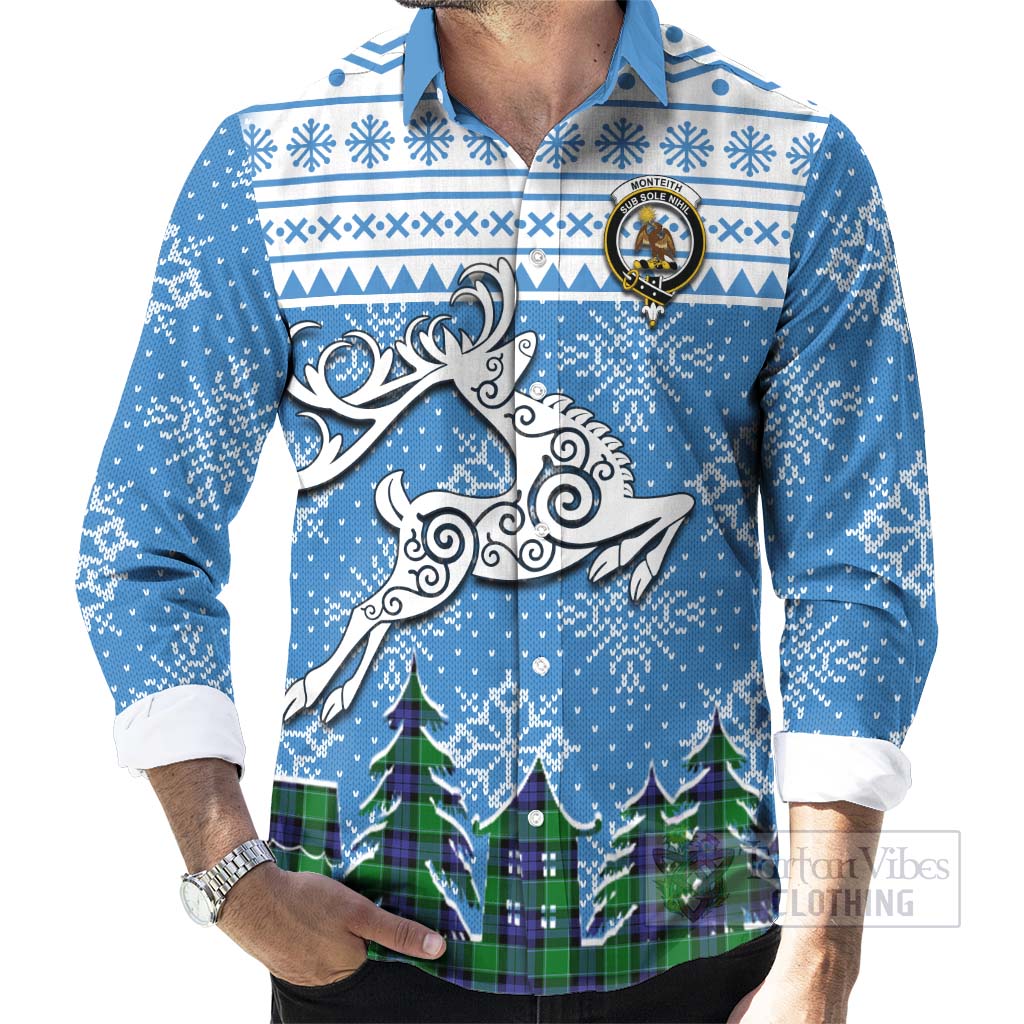 Monteith Clan Christmas Long Sleeve Button Shirt Celtic Reindeer Style - Tartan Vibes Clothing