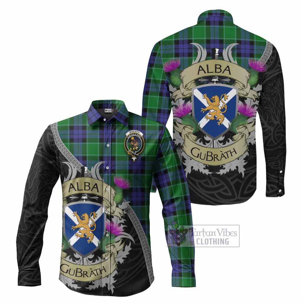 Monteith Tartan Family Crest Long Sleeve Button Shirt Lion Rampant Royal Thistle Shield Celtic Inspired - Tartan Vibes Clothing