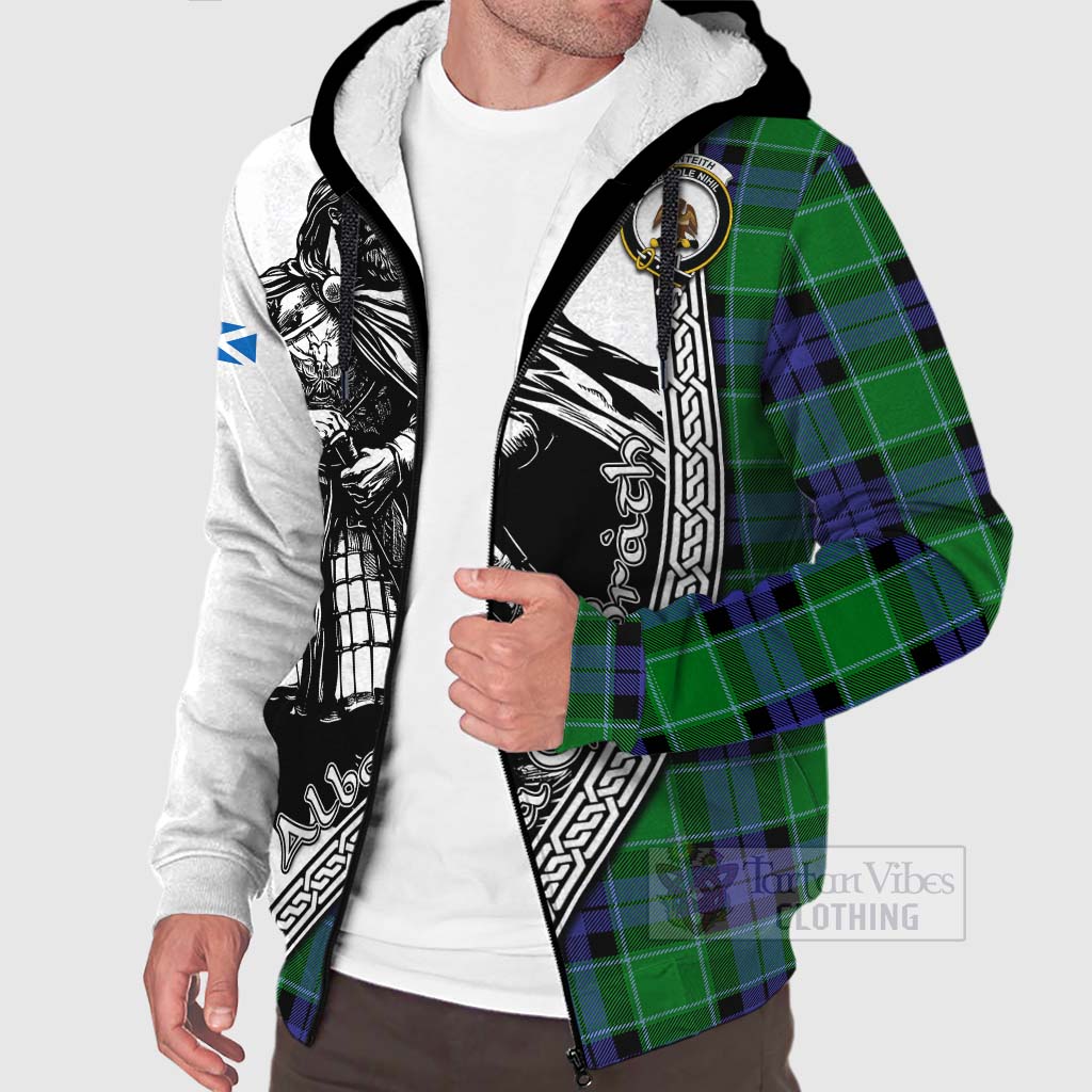 Monteith Tartan Clan Crest Sherpa Hoodie with Highlander Warrior Celtic Style Unisex - Tartan Vibes Clothing
