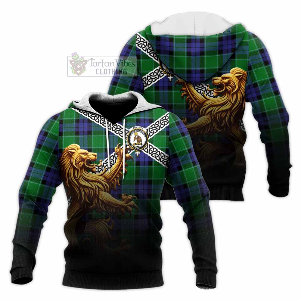 Monteith Crest Tartan Knitted Hoodie with Golden Lion Emblem Celtic Style - Tartan Vibes Clothing
