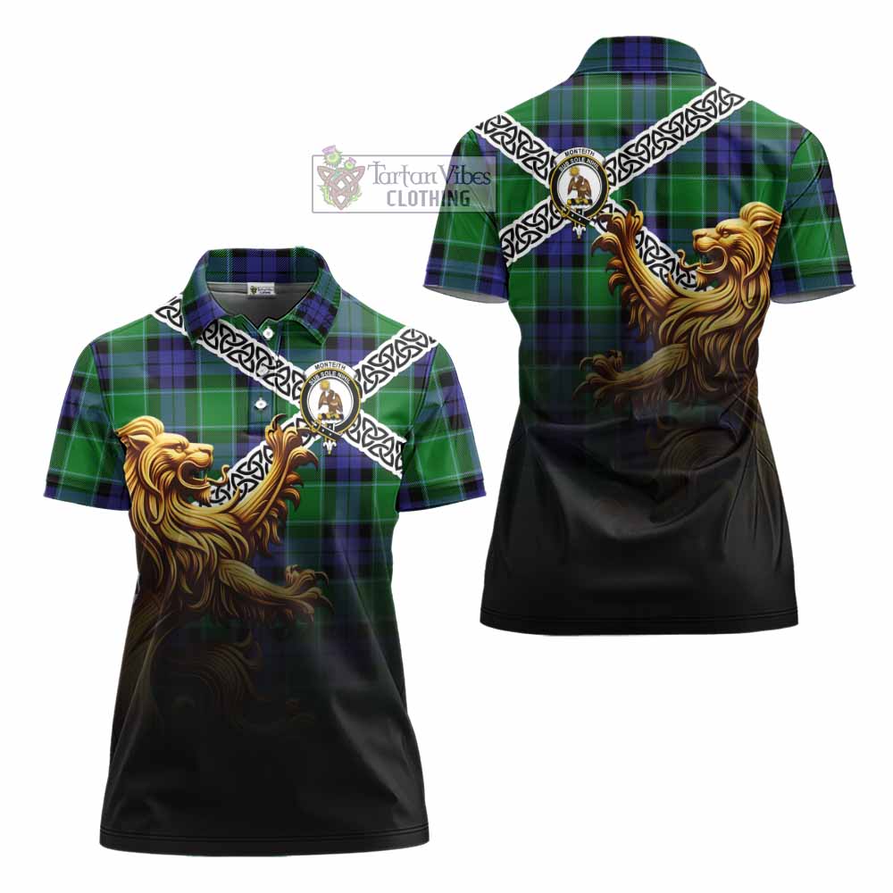 Monteith Crest Tartan Women's Polo Shirt with Golden Lion Emblem Celtic Style - Tartan Vibes Clothing