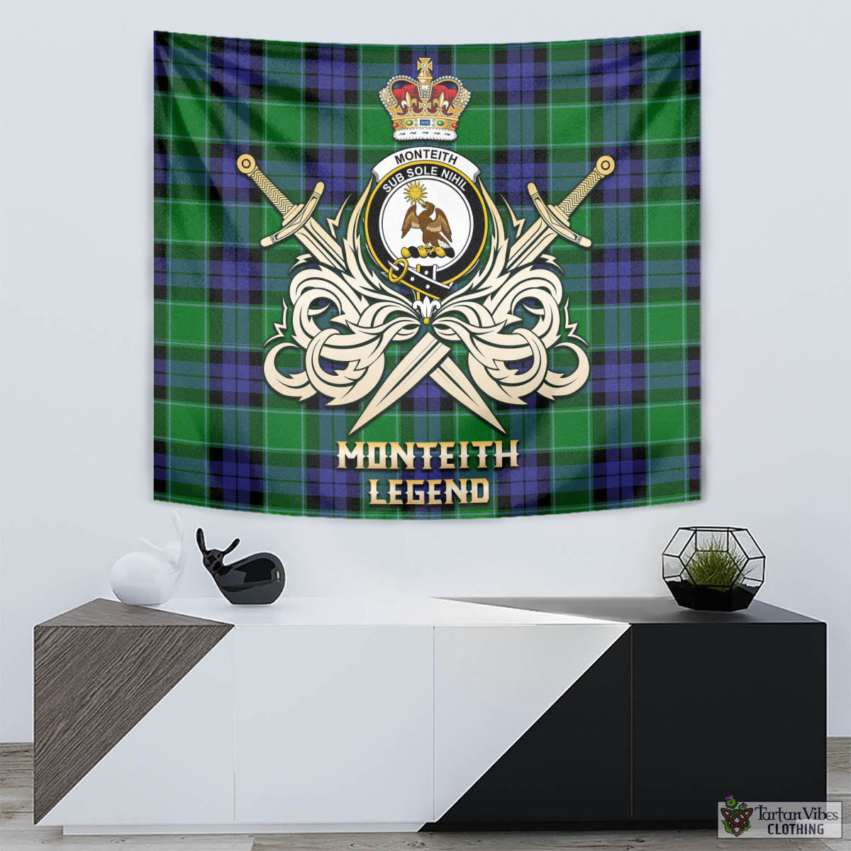 Monteith Tartan Tapestry with Clan Crest and the Golden Sword of Courageous Legacy - Tartan Vibes Clothing