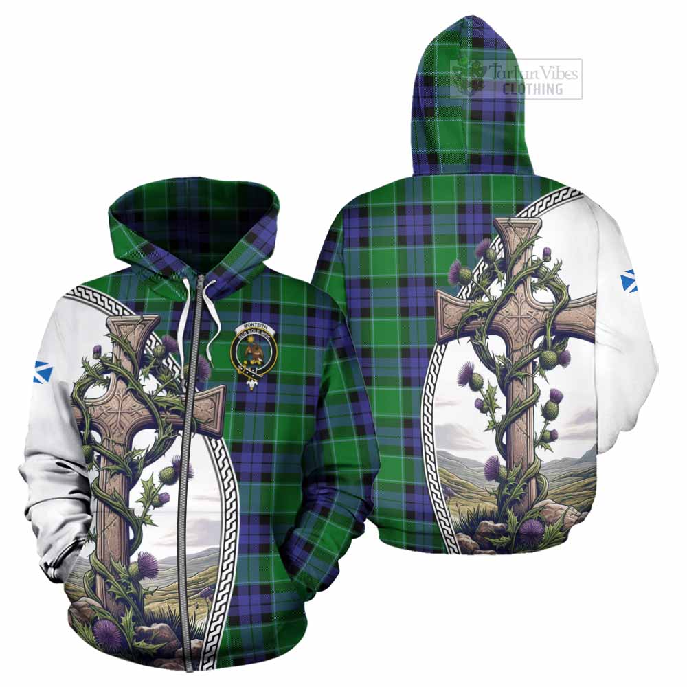 Monteith Tartan Hoodie with Family Crest and St. Andrew's Cross Accented by Thistle Vines - Tartan Vibes Clothing