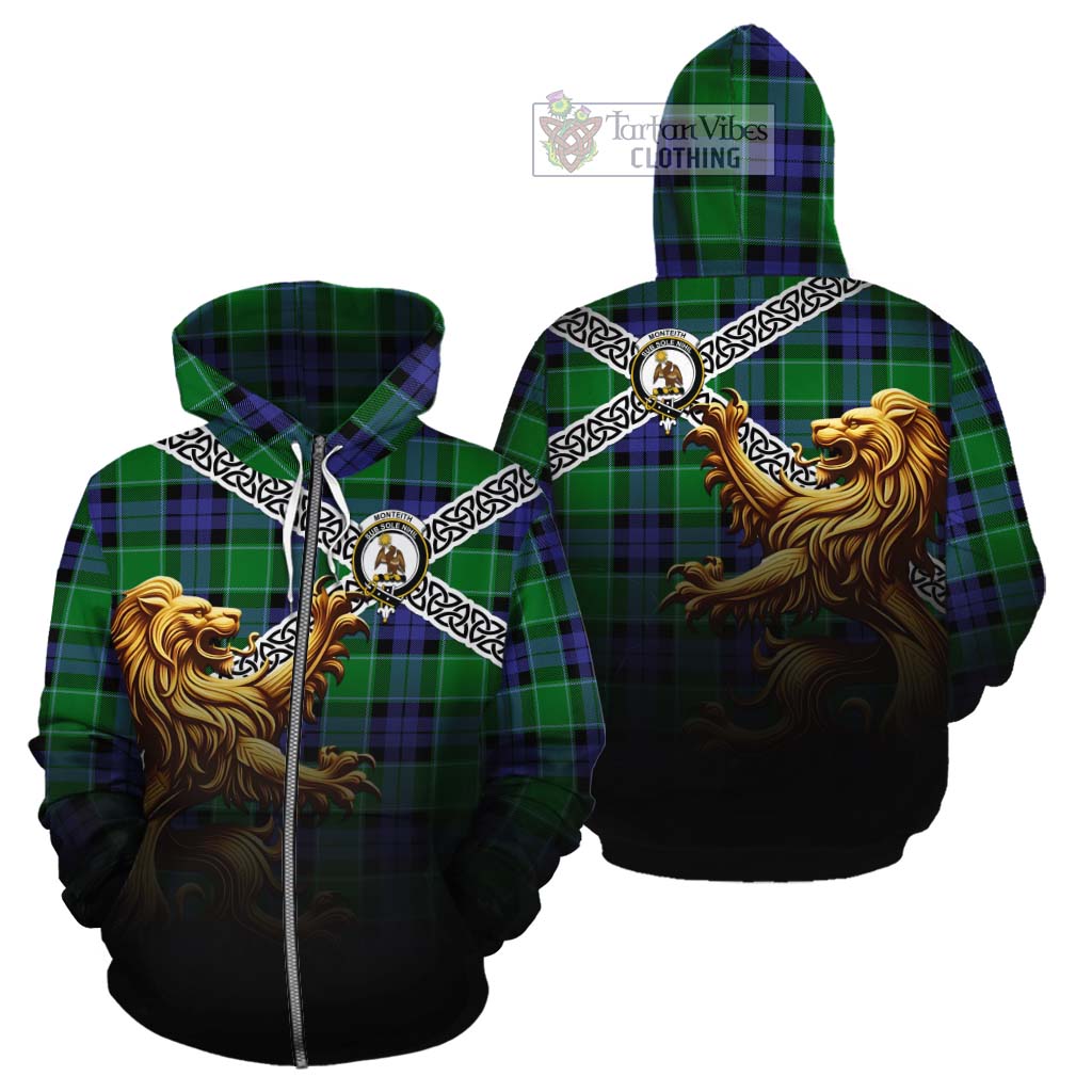 Monteith Crest Tartan Cotton Hoodie with Golden Lion Emblem Celtic Style Zip Hoodie - Tartan Vibes Clothing