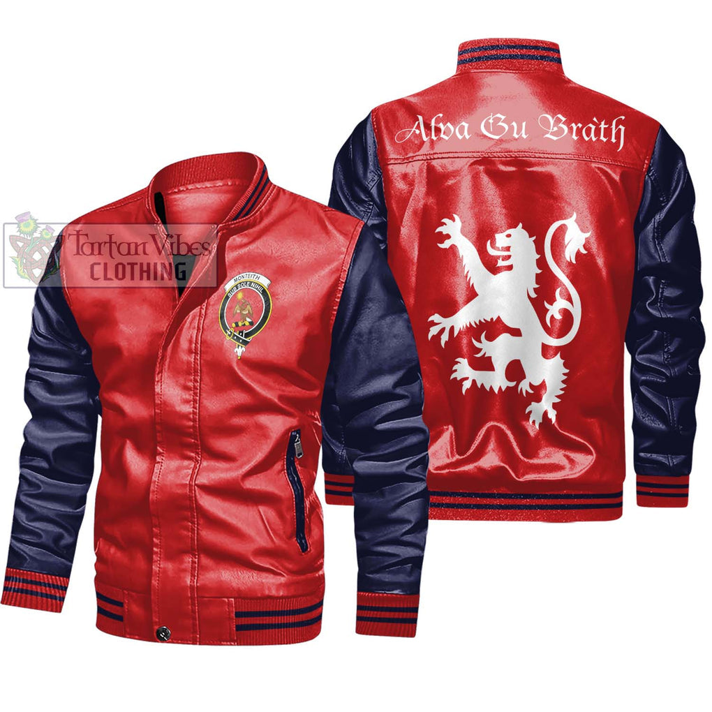 Monteith Family Crest Leather Bomber Jacket Lion Rampant Alba Gu Brath Style Red - Navy Unisex - 2D-tartanvibesclothing