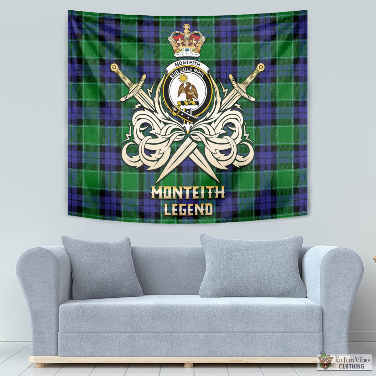 Monteith Tartan Tapestry with Clan Crest and the Golden Sword of Courageous Legacy - Tartan Vibes Clothing
