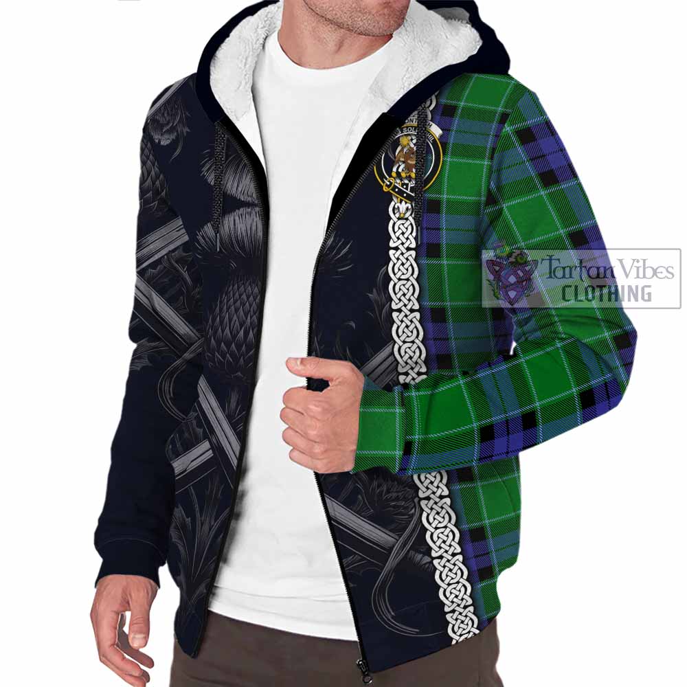 Monteith Tartan Sherpa Hoodie with Family Crest Cross Sword Thistle Celtic Vibes - Tartan Vibes Clothing
