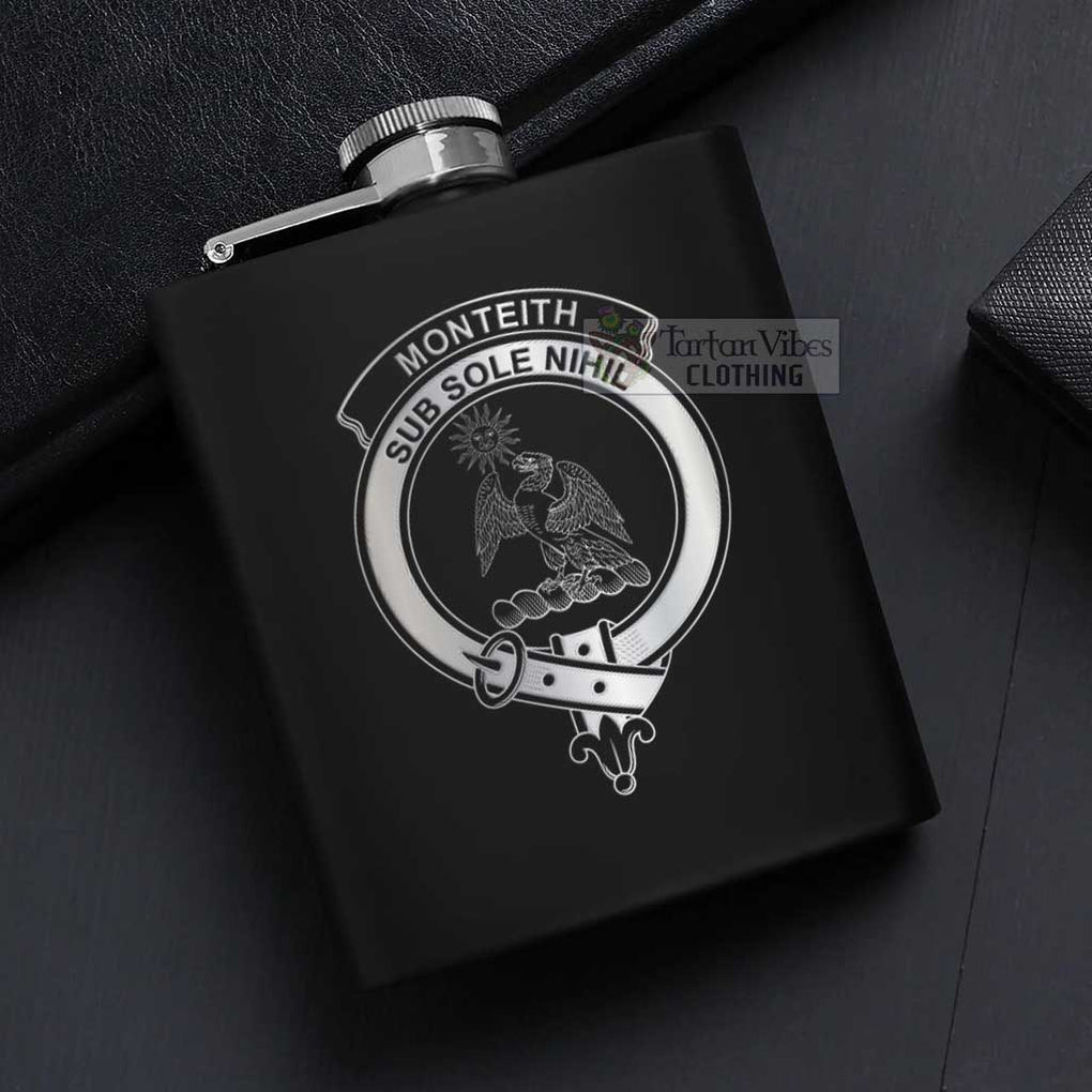 Monteith Crest Hip Flask Set 7oz Black Stainless Steel with A Gift Box - 2D-tartanvibesclothing