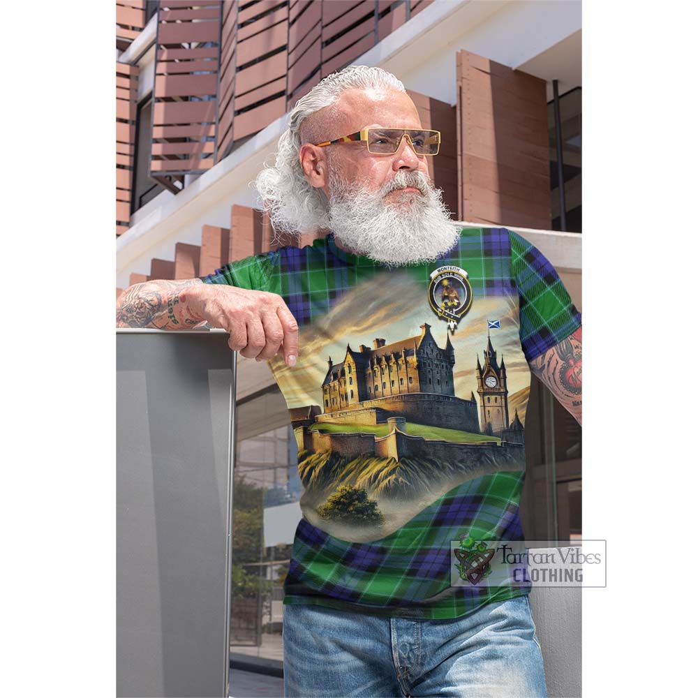 Monteith Tartan Family Crest Cotton T-shirt with Scottish Ancient Castle Style - Tartan Vibes Clothing