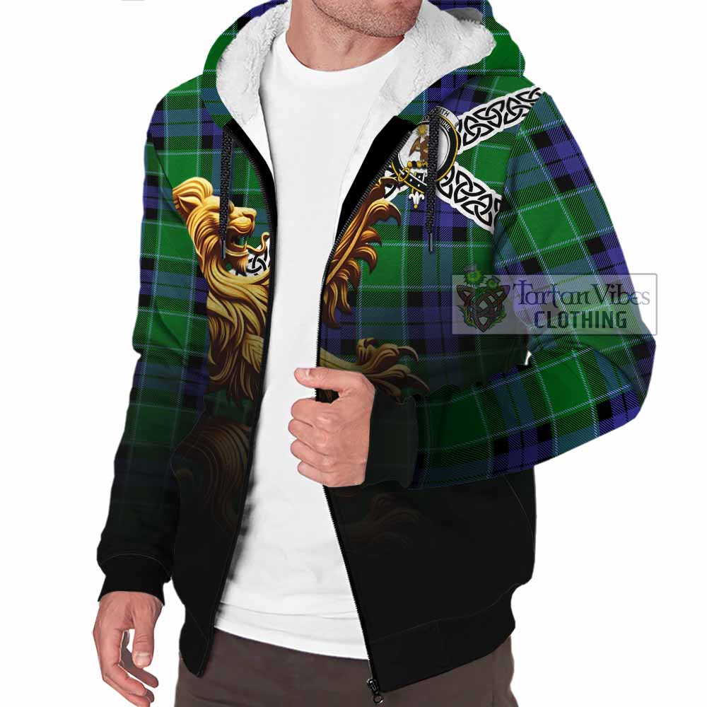 Monteith Crest Tartan Sherpa Hoodie with Golden Lion Emblem Celtic Style - Tartan Vibes Clothing