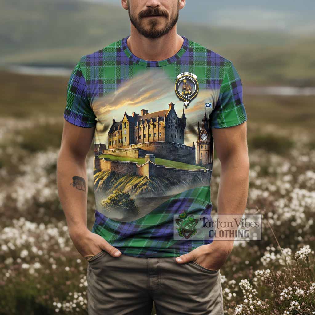 Monteith Tartan Family Crest T-Shirt with Scottish Ancient Castle Style - Tartan Vibes Clothing