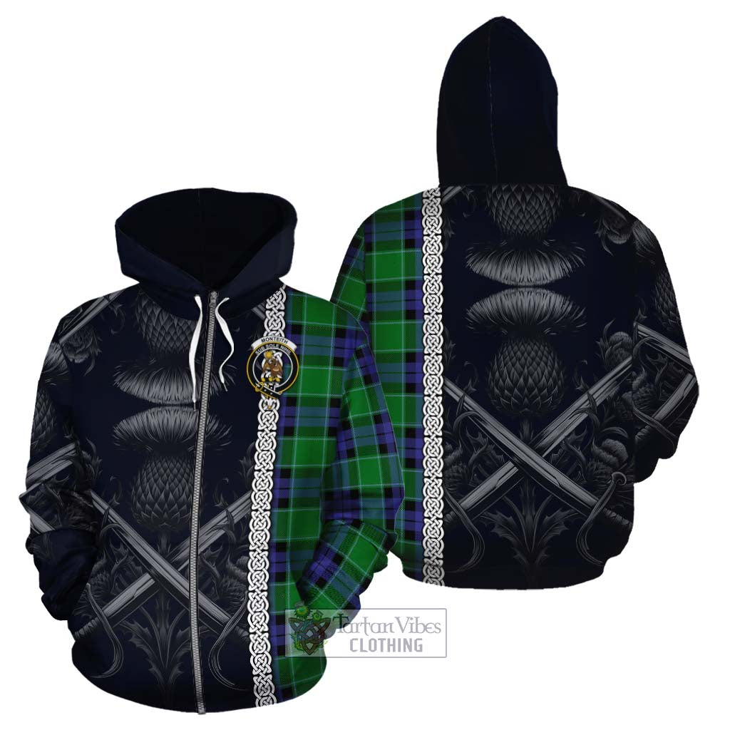 Monteith Tartan Cotton Hoodie with Family Crest Cross Sword Thistle Celtic Vibes Zip Hoodie - Tartan Vibes Clothing