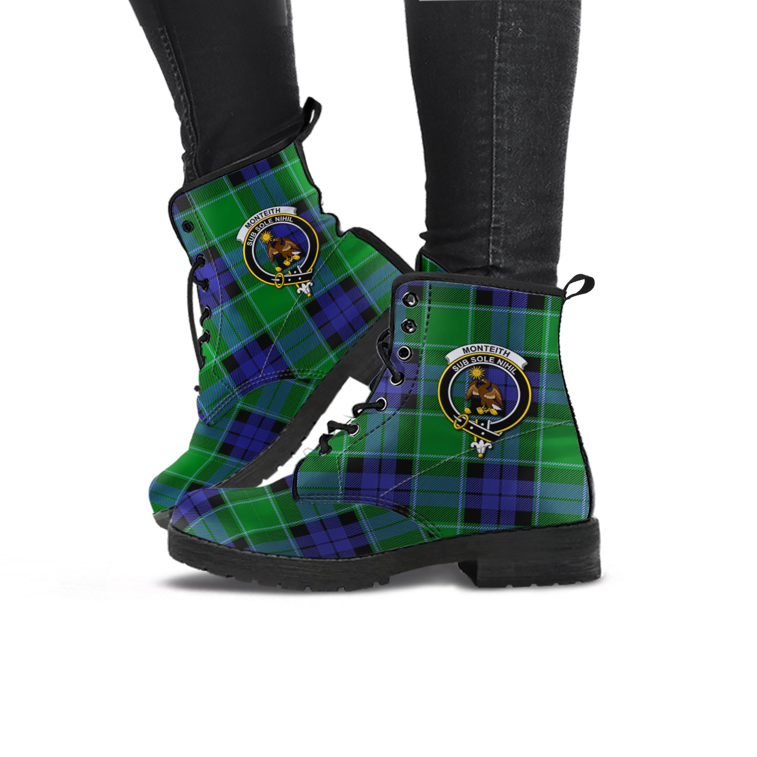 Monteith Tartan Leather Boots with Family Crest - Tartan Vibes Clothing