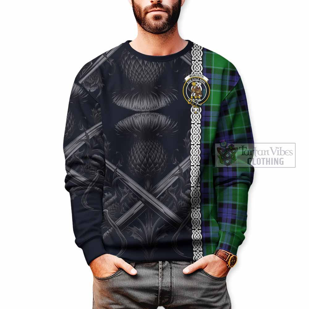 Monteith Tartan Sweatshirt with Family Crest Cross Sword Thistle Celtic Vibes - Tartan Vibes Clothing