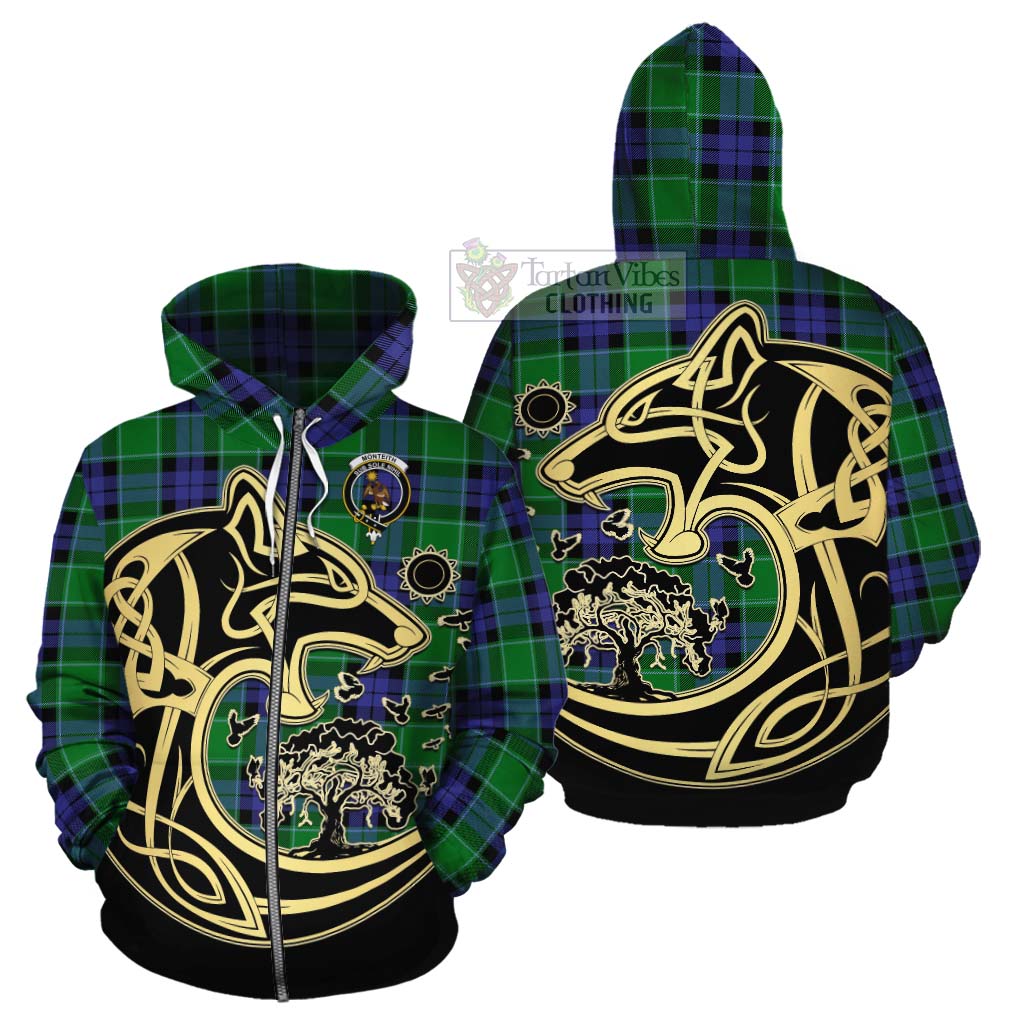 Monteith Tartan Cotton Hoodie with Family Crest Celtic Wolf Style - Tartan Vibes Clothing