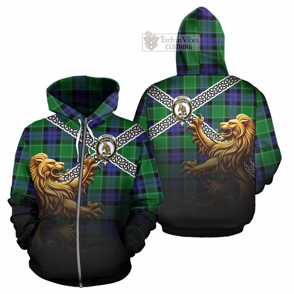 Monteith Crest Tartan Hoodie with Golden Lion Emblem Celtic Style Zip Hoodie - Tartan Vibes Clothing