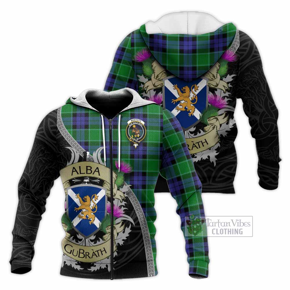 Monteith Tartan Family Crest Knitted Hoodie Lion Rampant Royal Thistle Shield Celtic Inspired Unisex Knitted Zip Hoodie - Tartan Vibes Clothing