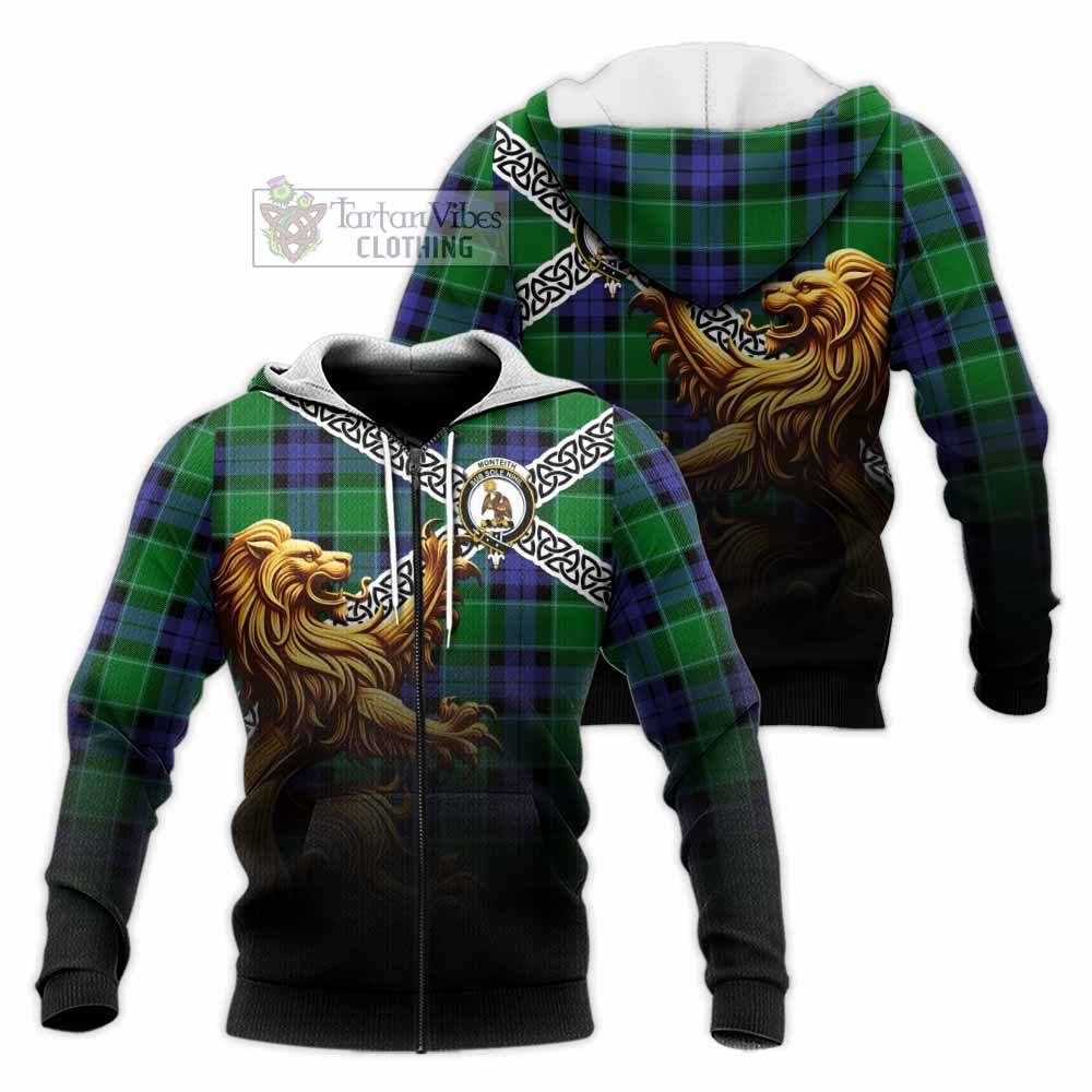 Monteith Crest Tartan Knitted Hoodie with Golden Lion Emblem Celtic Style Unisex Knitted Zip Hoodie - Tartan Vibes Clothing