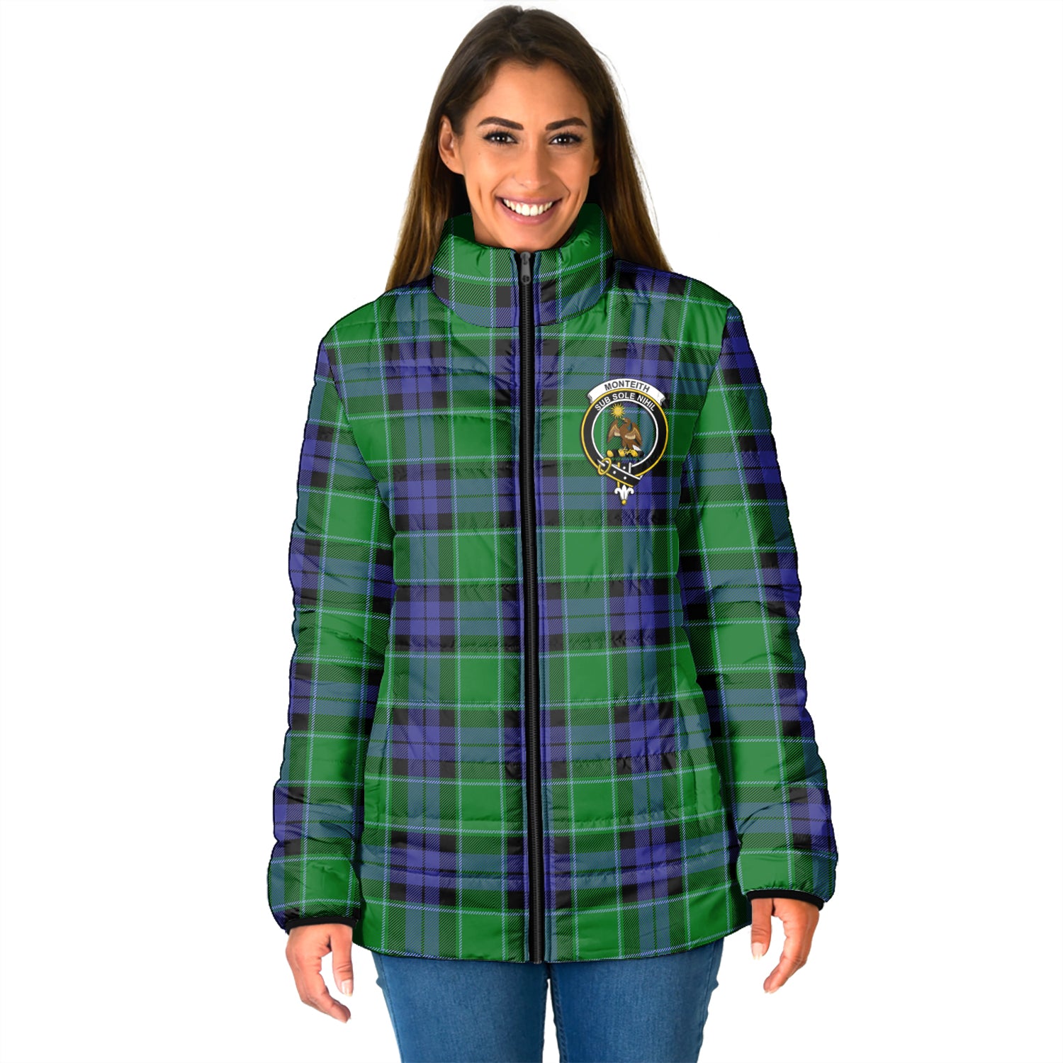 Monteith Tartan Padded Jacket with Family Crest - Tartan Vibes Clothing