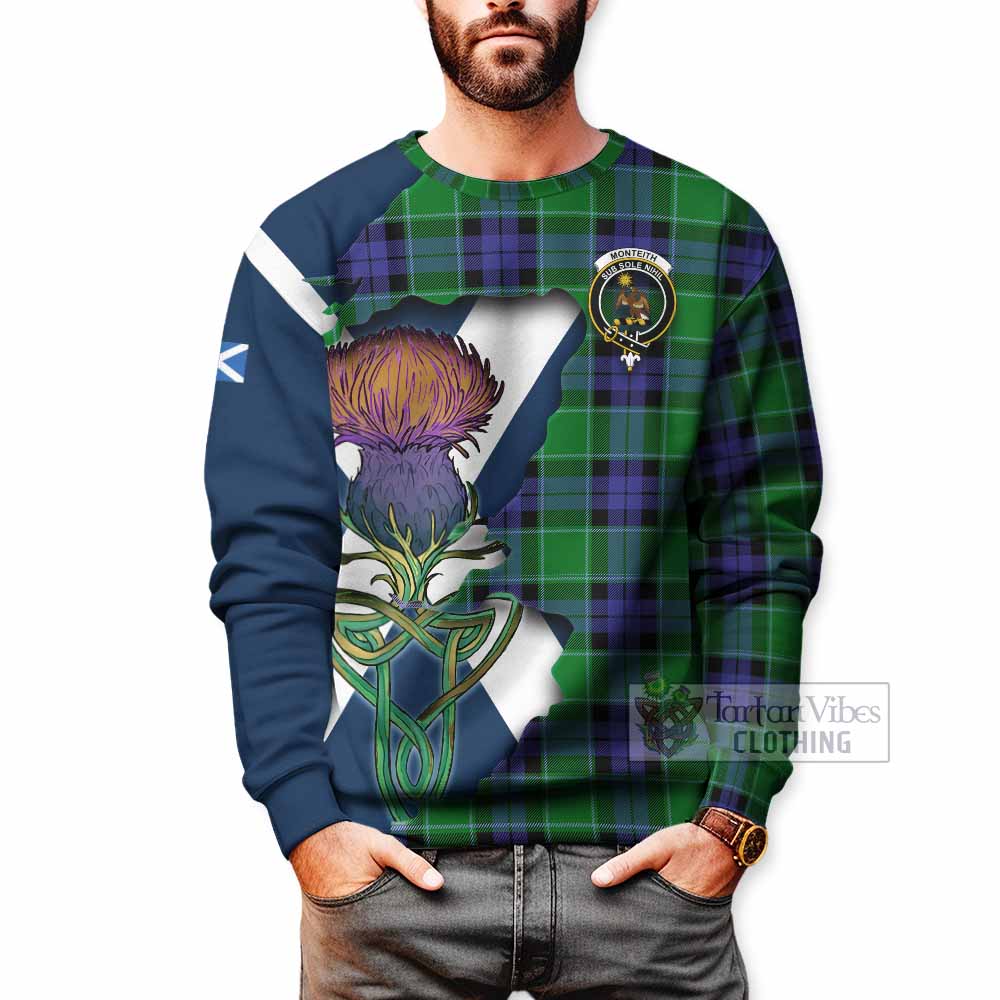 Tartan Vibes Clothing Monteith Tartan Family Crest Sweatshirt Scottish Thistle Celtic Inspired