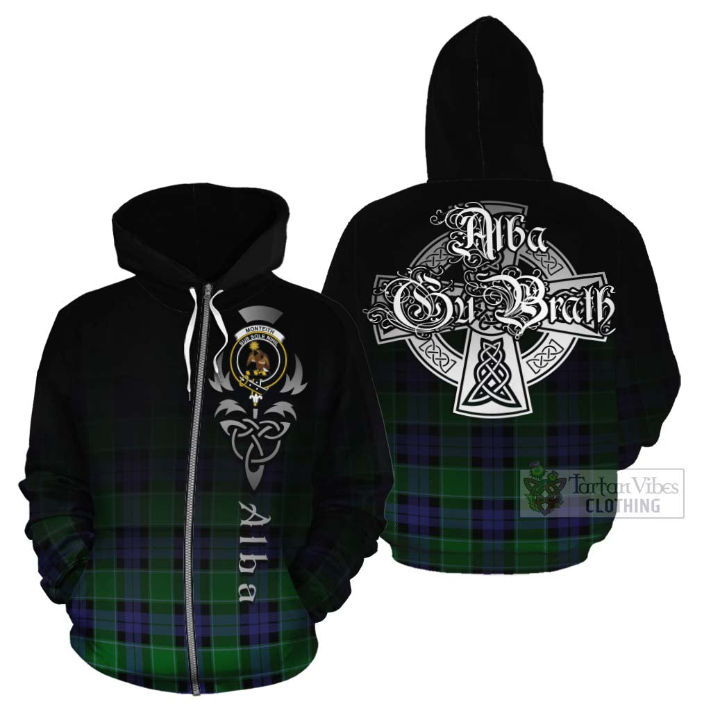 Tartan Vibes Clothing Monteith Tartan Cotton Hoodie Featuring Alba Gu Brath Family Crest Celtic Inspired