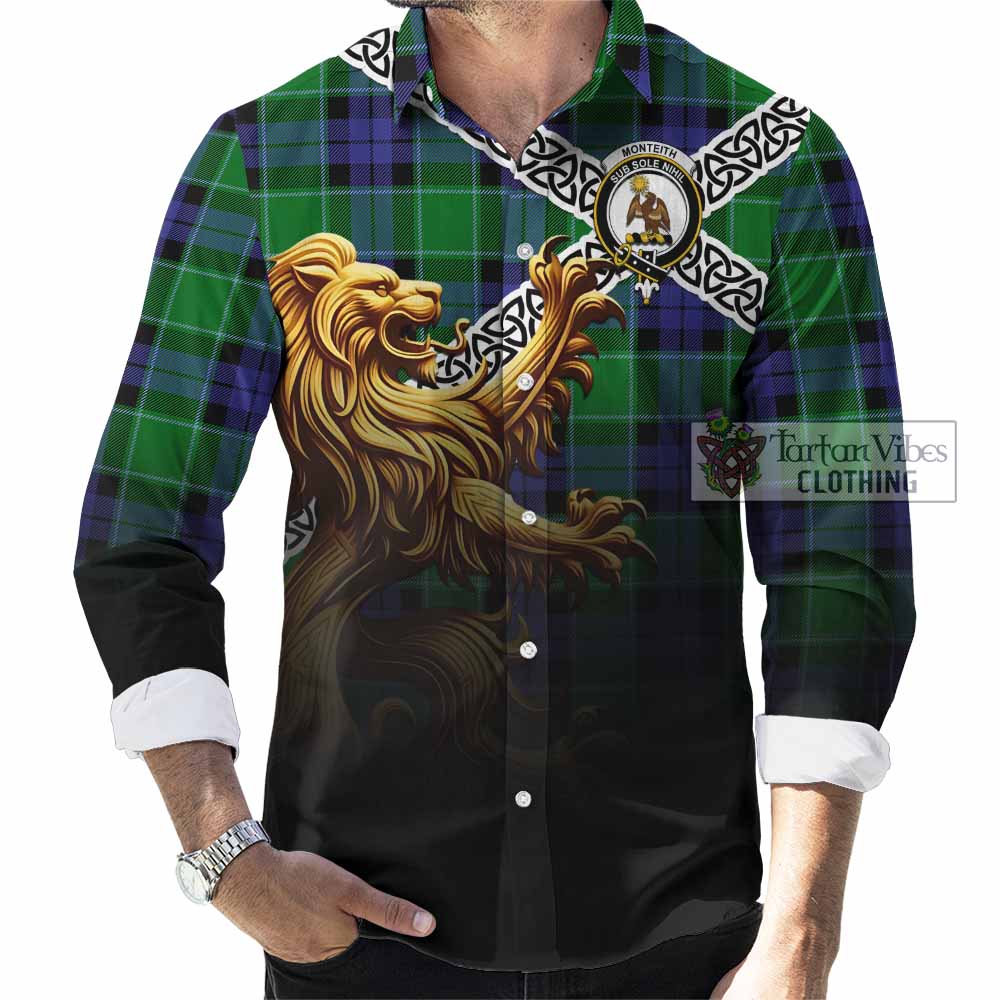 Monteith Crest Tartan Long Sleeve Button Shirt with Golden Lion Emblem Celtic Style - Tartan Vibes Clothing
