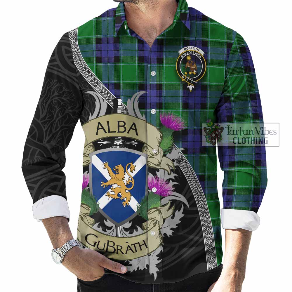 Monteith Tartan Family Crest Long Sleeve Button Shirt Lion Rampant Royal Thistle Shield Celtic Inspired - Tartan Vibes Clothing