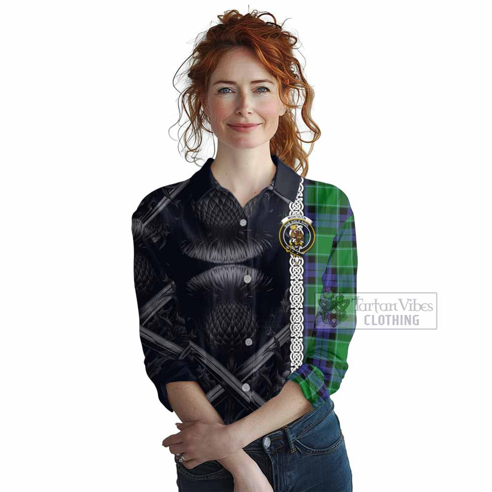 Monteith Tartan Women's Casual Shirt with Family Crest Cross Sword Thistle Celtic Vibes - Tartan Vibes Clothing