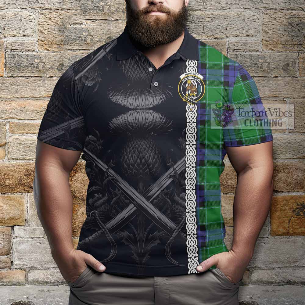 Monteith Tartan Polo Shirt with Family Crest Cross Sword Thistle Celtic Vibes - Tartan Vibes Clothing
