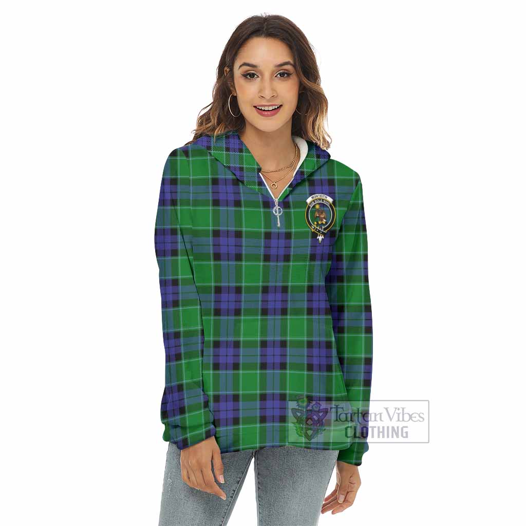Monteith Tartan Women's Borg Fleece Hoodie with Half Zip with Family Crest - Tartan Vibes Clothing