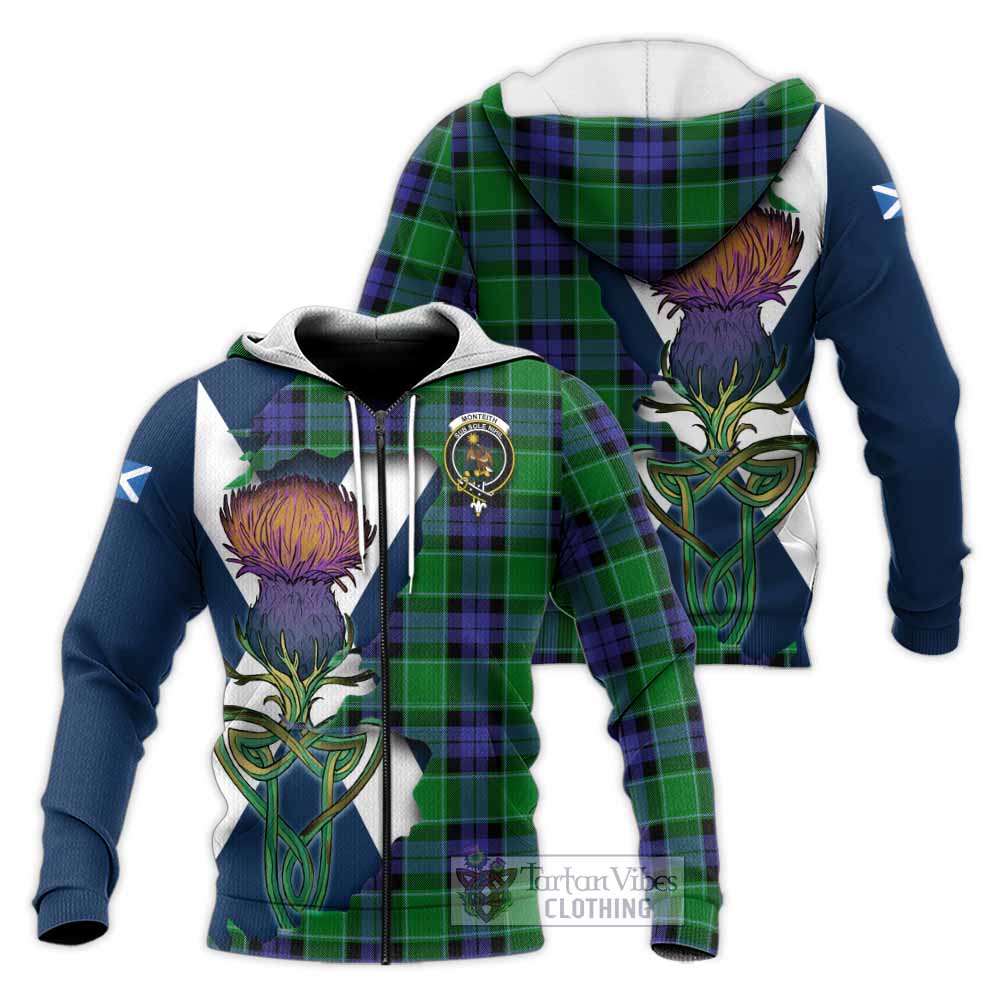 Tartan Vibes Clothing Monteith Tartan Family Crest Knitted Hoodie Scottish Thistle Celtic Inspired