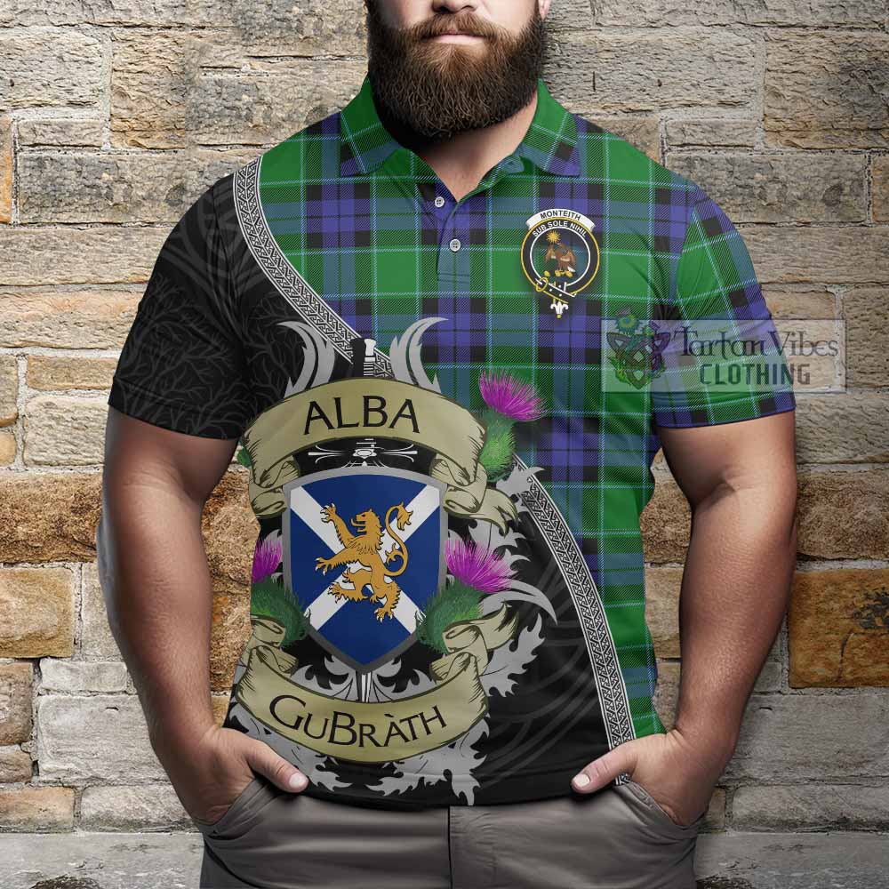 Monteith Tartan Family Crest Polo Shirt Lion Rampant Royal Thistle Shield Celtic Inspired - Tartan Vibes Clothing