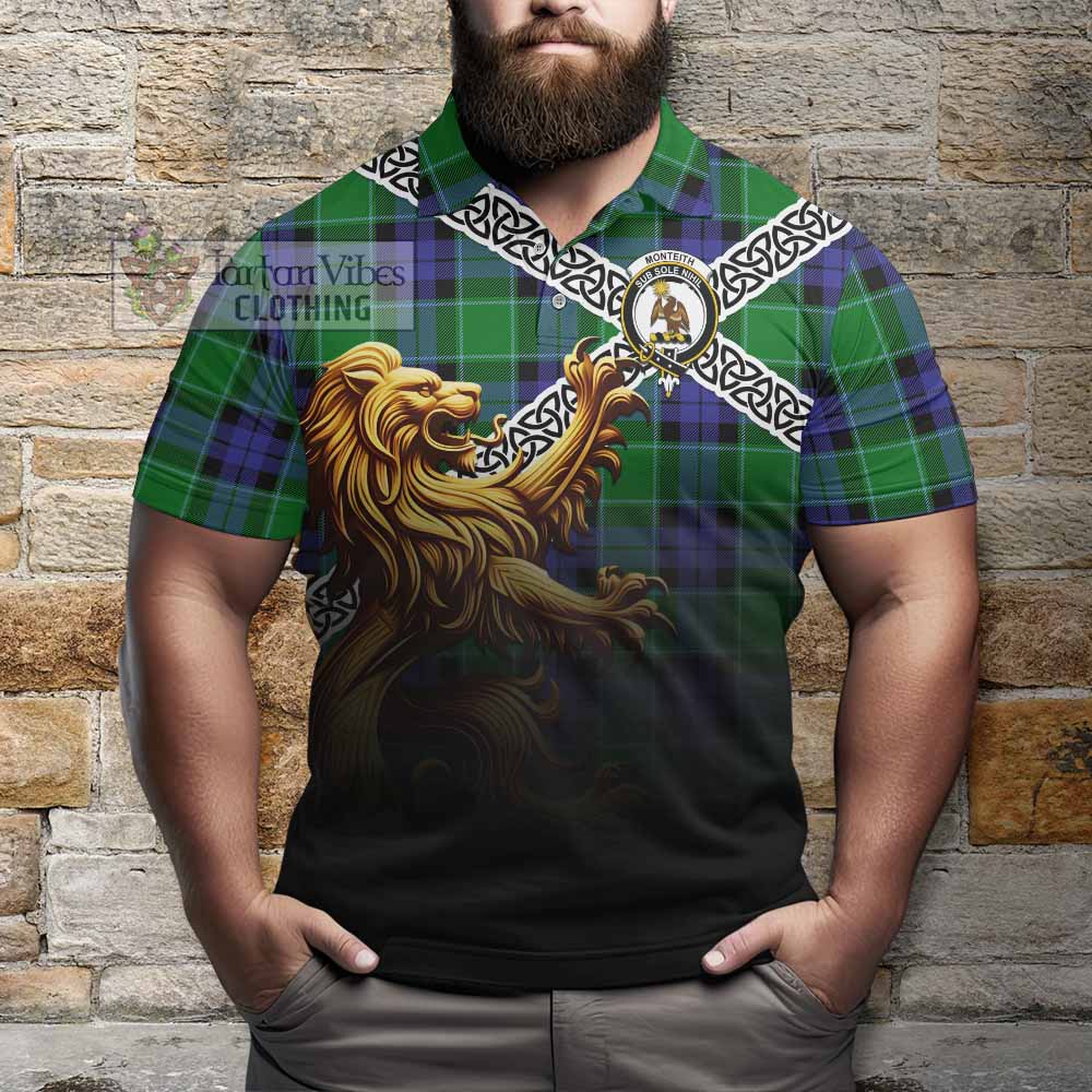 Monteith Crest Tartan Polo Shirt with Golden Lion Emblem Celtic Style - Tartan Vibes Clothing