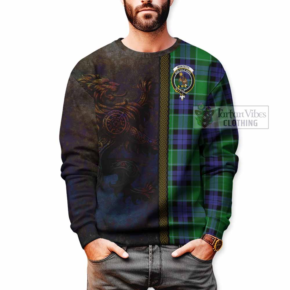 Monteith Tartan Family Crest Sweatshirt Alba Gu Brath Be Brave Lion Ancient Style - Tartan Vibes Clothing
