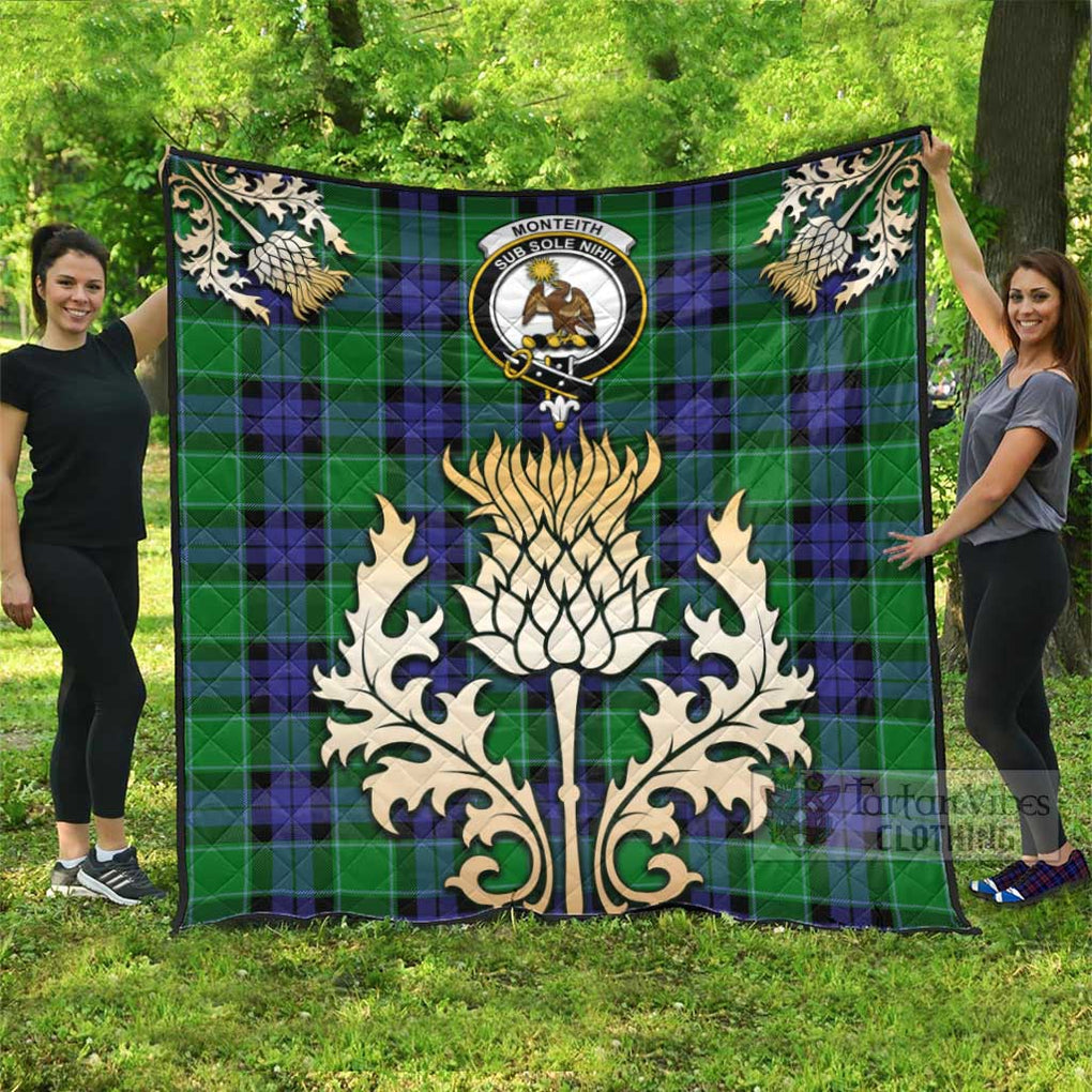 Tartan Vibes Clothing Monteith Tartan Quilt with Family Crest and Golden Thistle Style