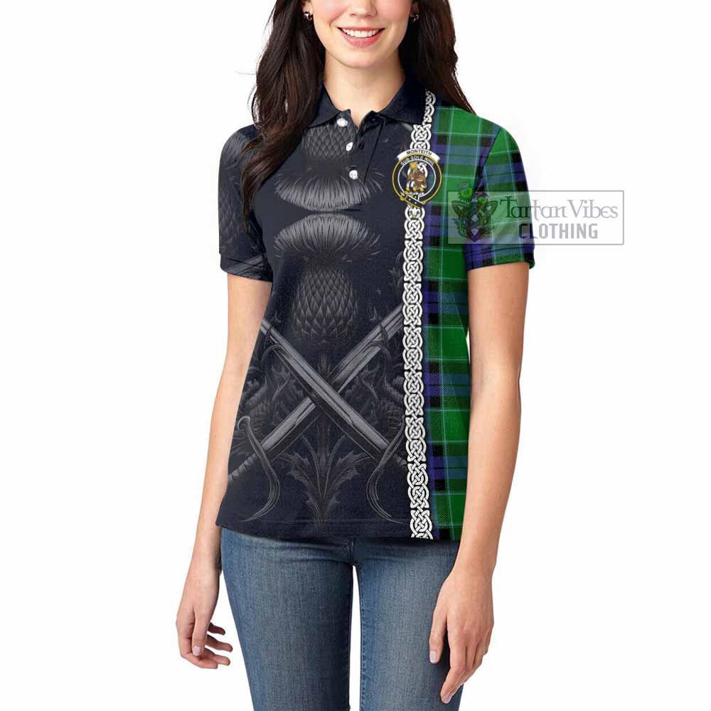 Monteith Tartan Women's Polo Shirt with Family Crest Cross Sword Thistle Celtic Vibes - Tartan Vibes Clothing