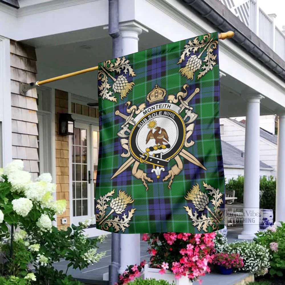 Monteith Tartan Garden Flag with Family Crest and Golden Thistle Crossed Sword Design - Tartan Vibes Clothing
