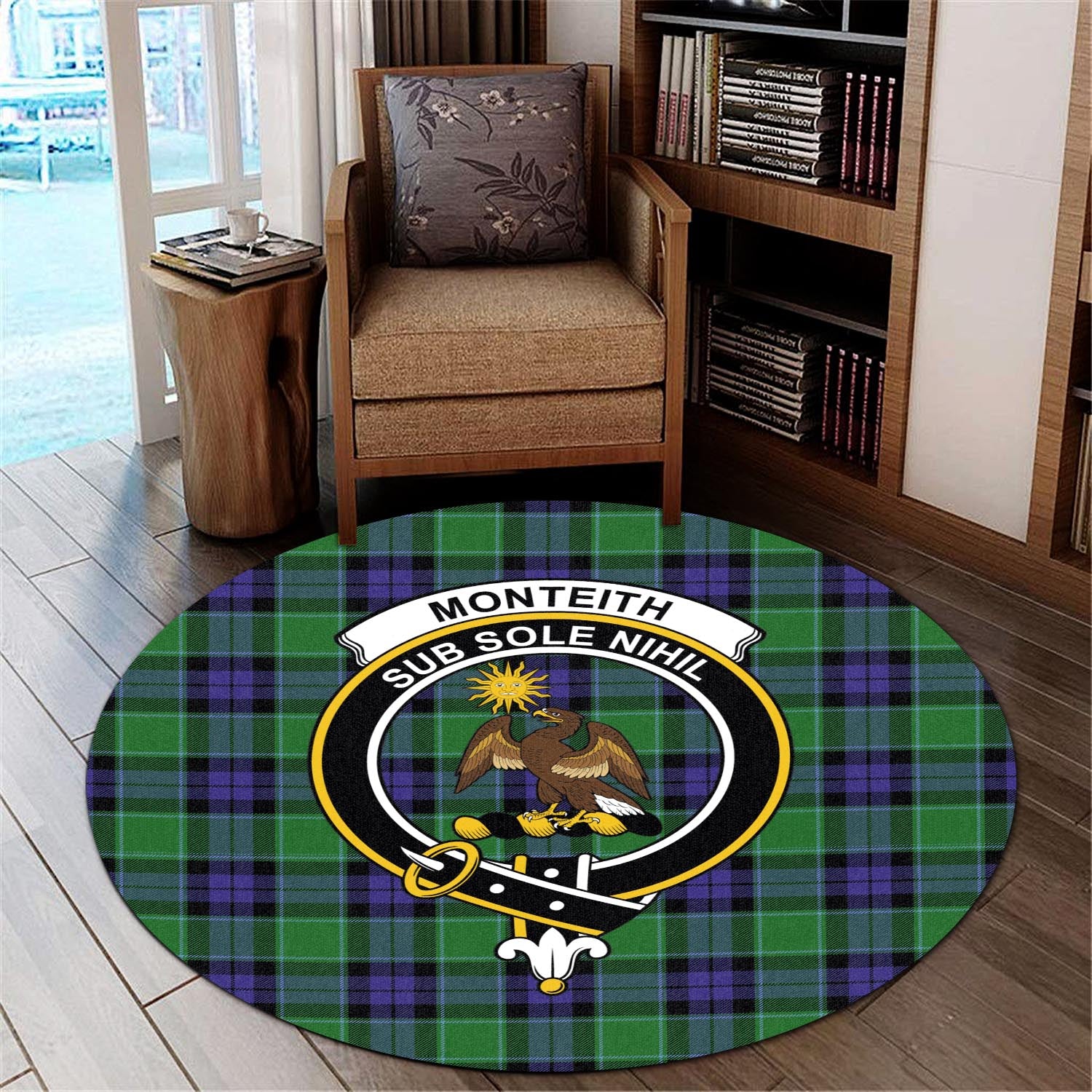 Monteith Tartan Round Rug with Family Crest - Tartan Vibes Clothing