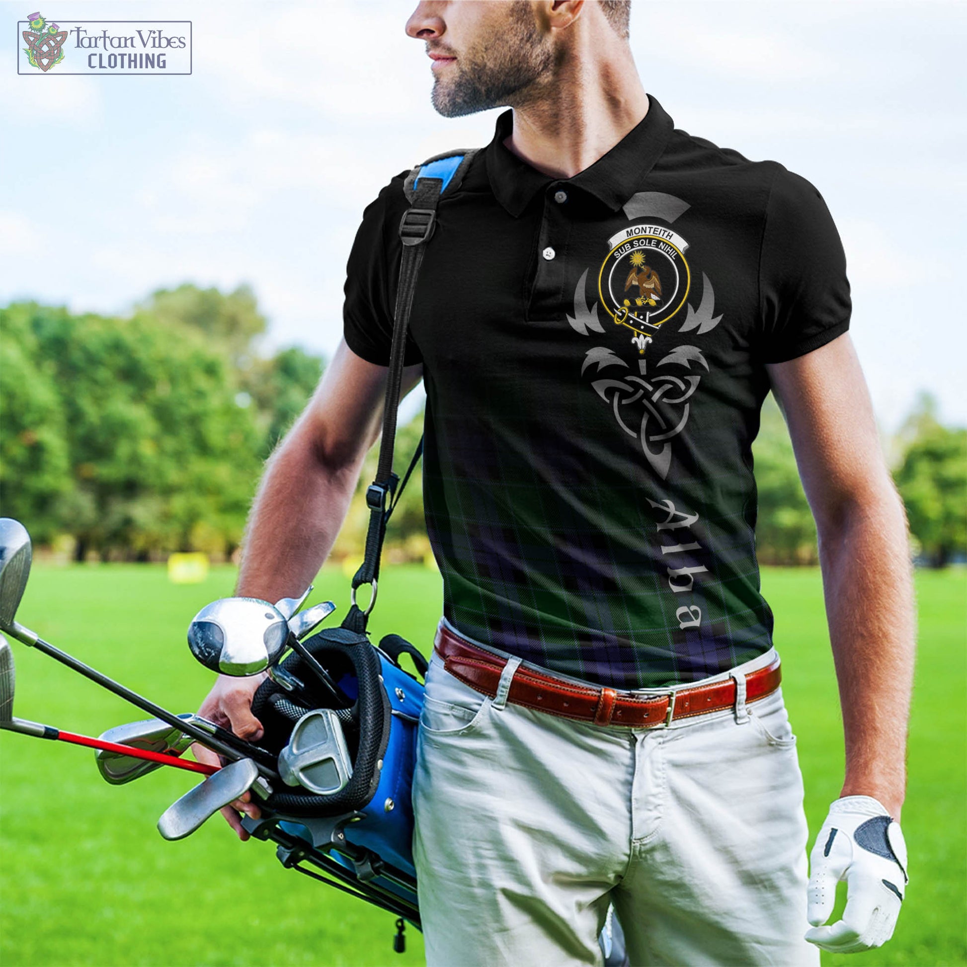 Monteith Tartan Polo Shirt Featuring Alba Gu Brath Family Crest Celtic Inspired - Tartan Vibes Clothing