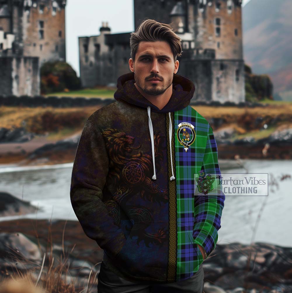 Tartan Vibes Clothing Monteith Tartan Family Crest Cotton Hoodie Alba Gu Brath Be Brave Lion Ancient Style